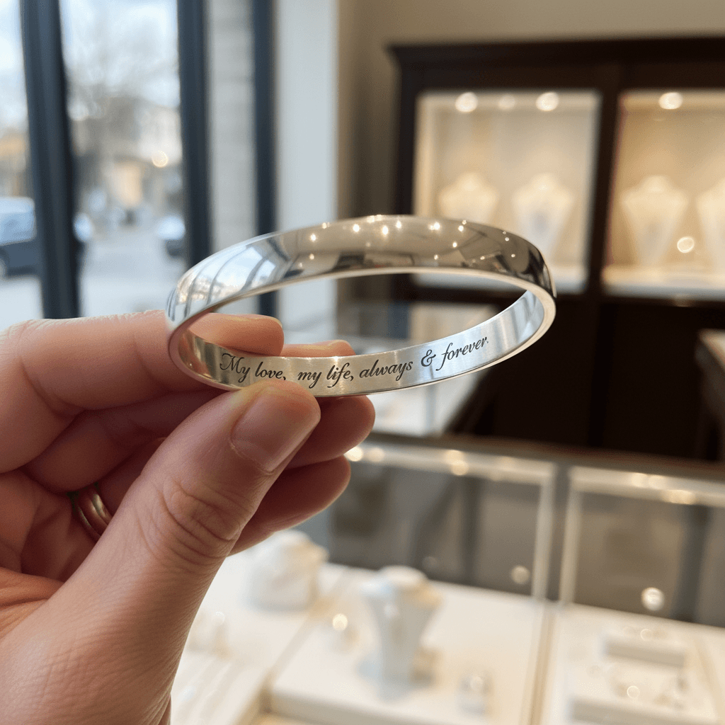 Hand holding a polished silver bangle engraved with My love, my life, always & forever