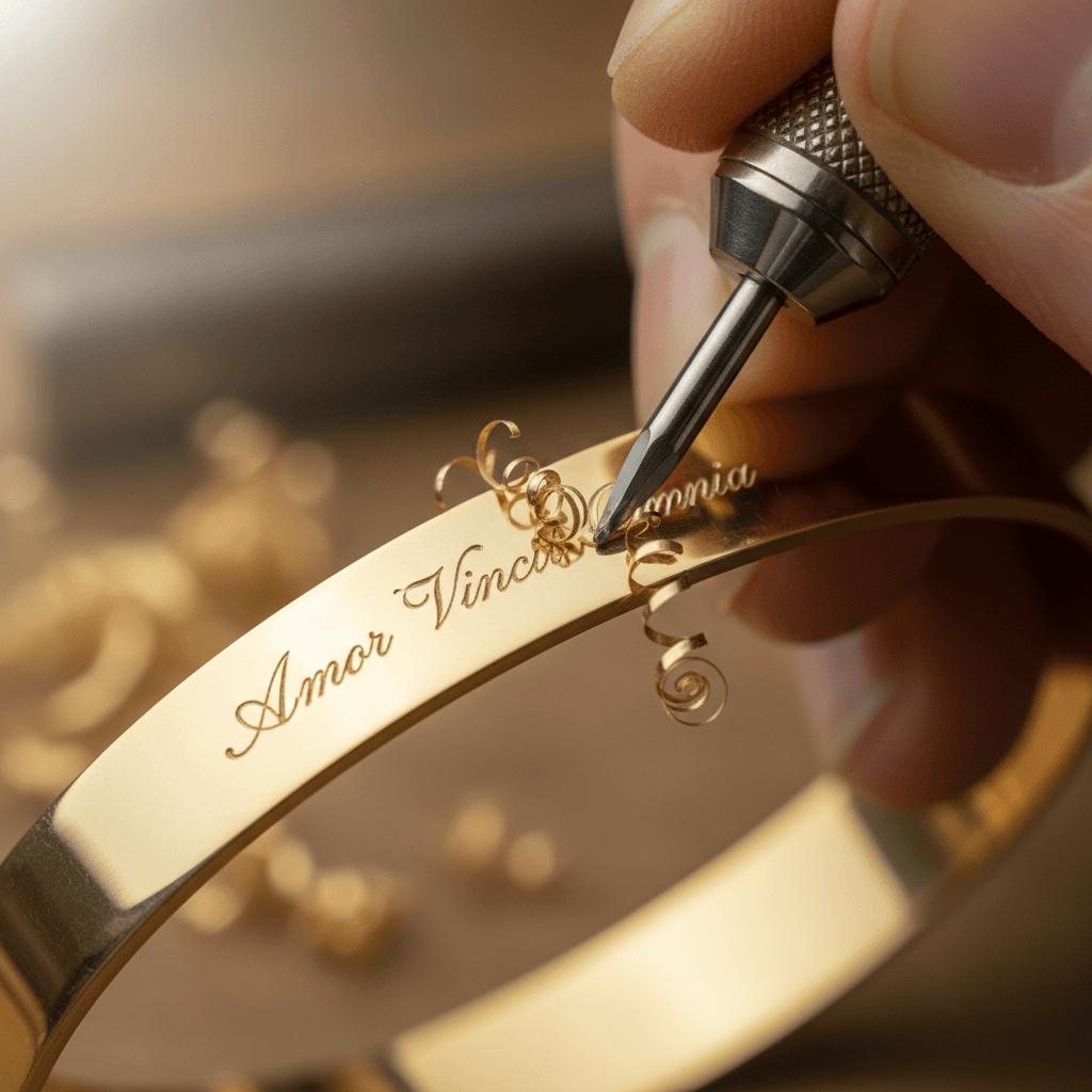 Artisan hand-engraving 'Amor Vincit Omnia' in script onto a polished gold bangle bracelet