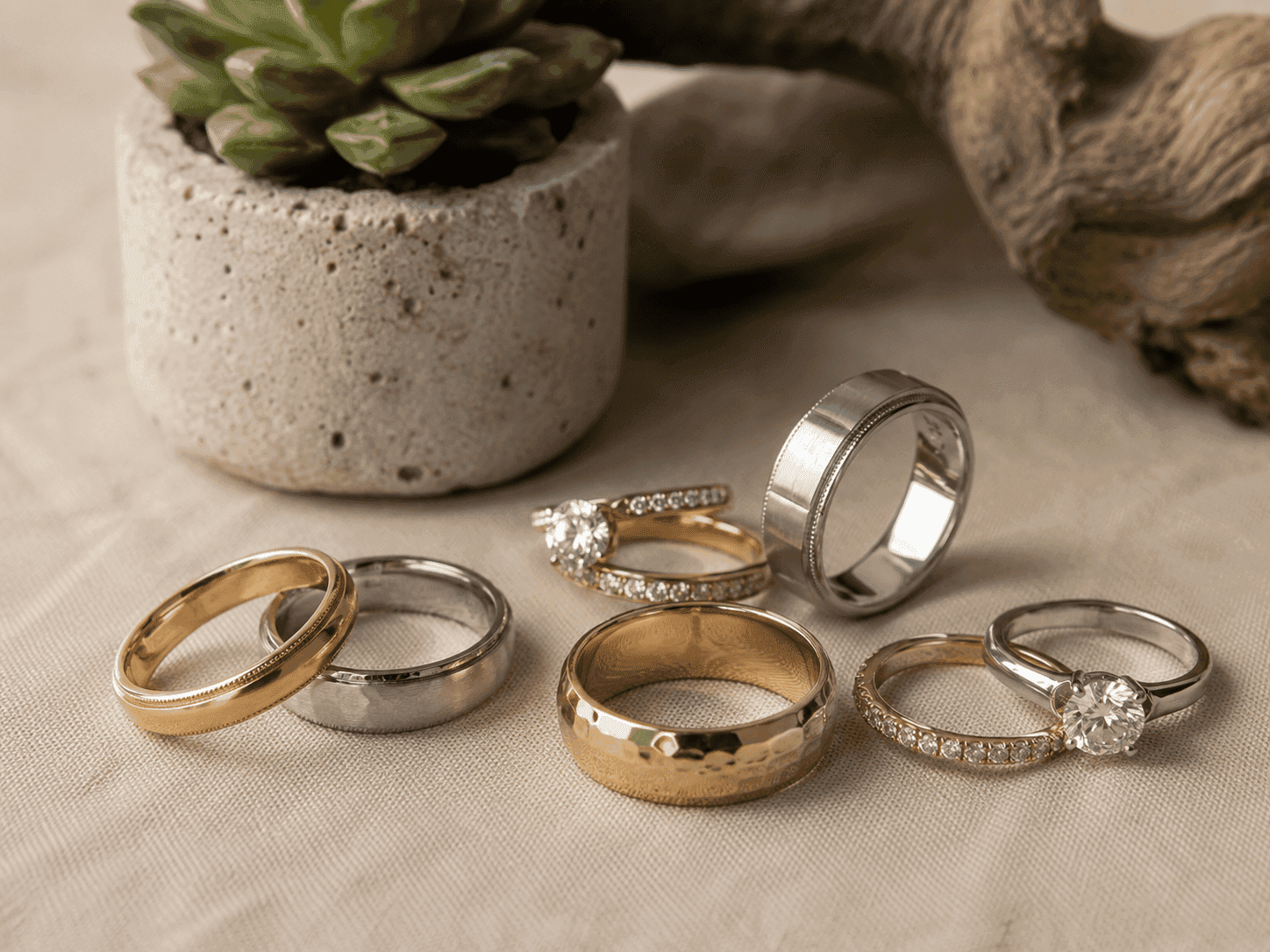 Assorted gold and silver wedding bands and diamond engagement rings grouped on linen surface with succulent.