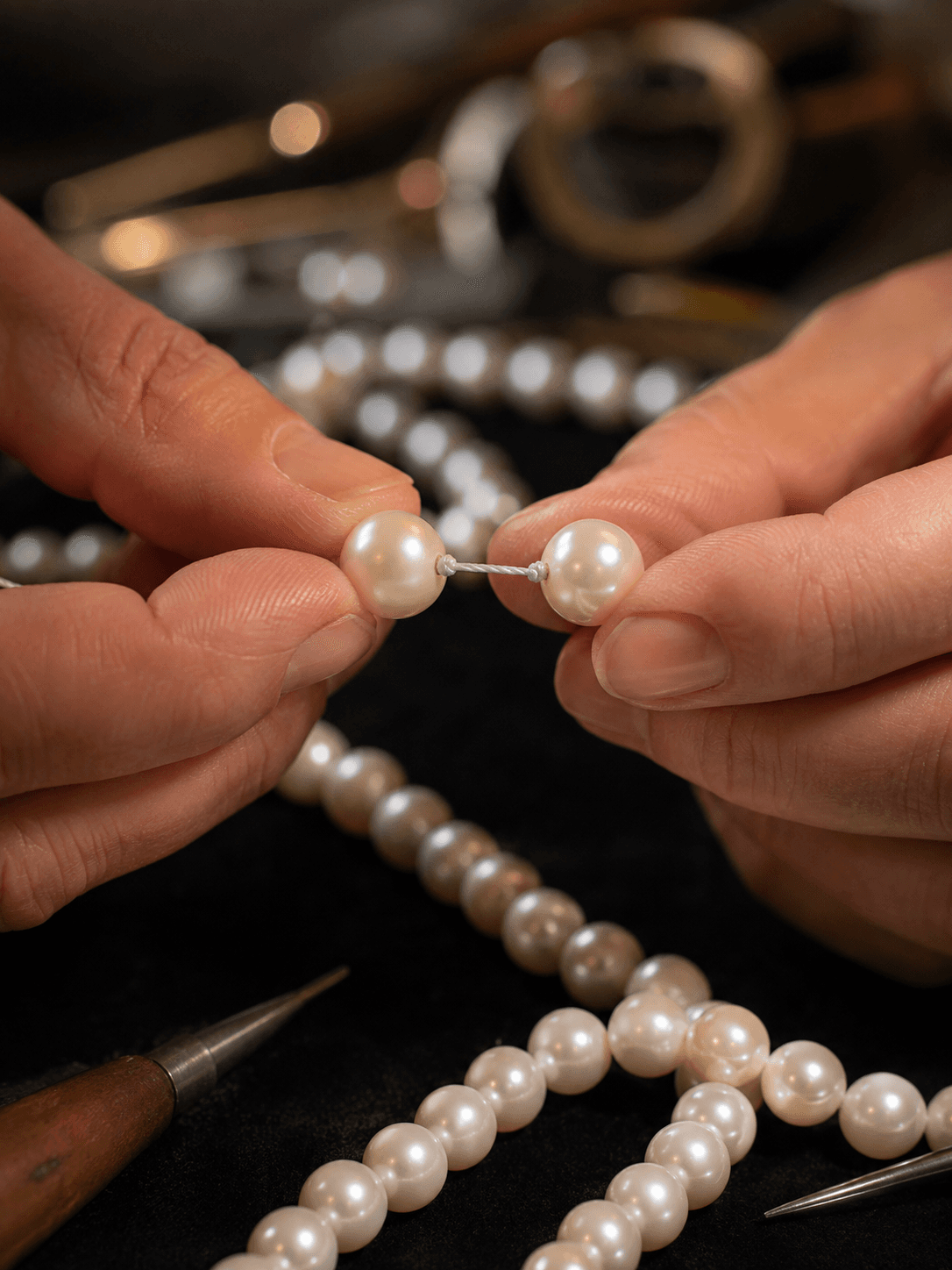 Jeweler's hands knotting silk thread between two lustrous white pearls on a strand