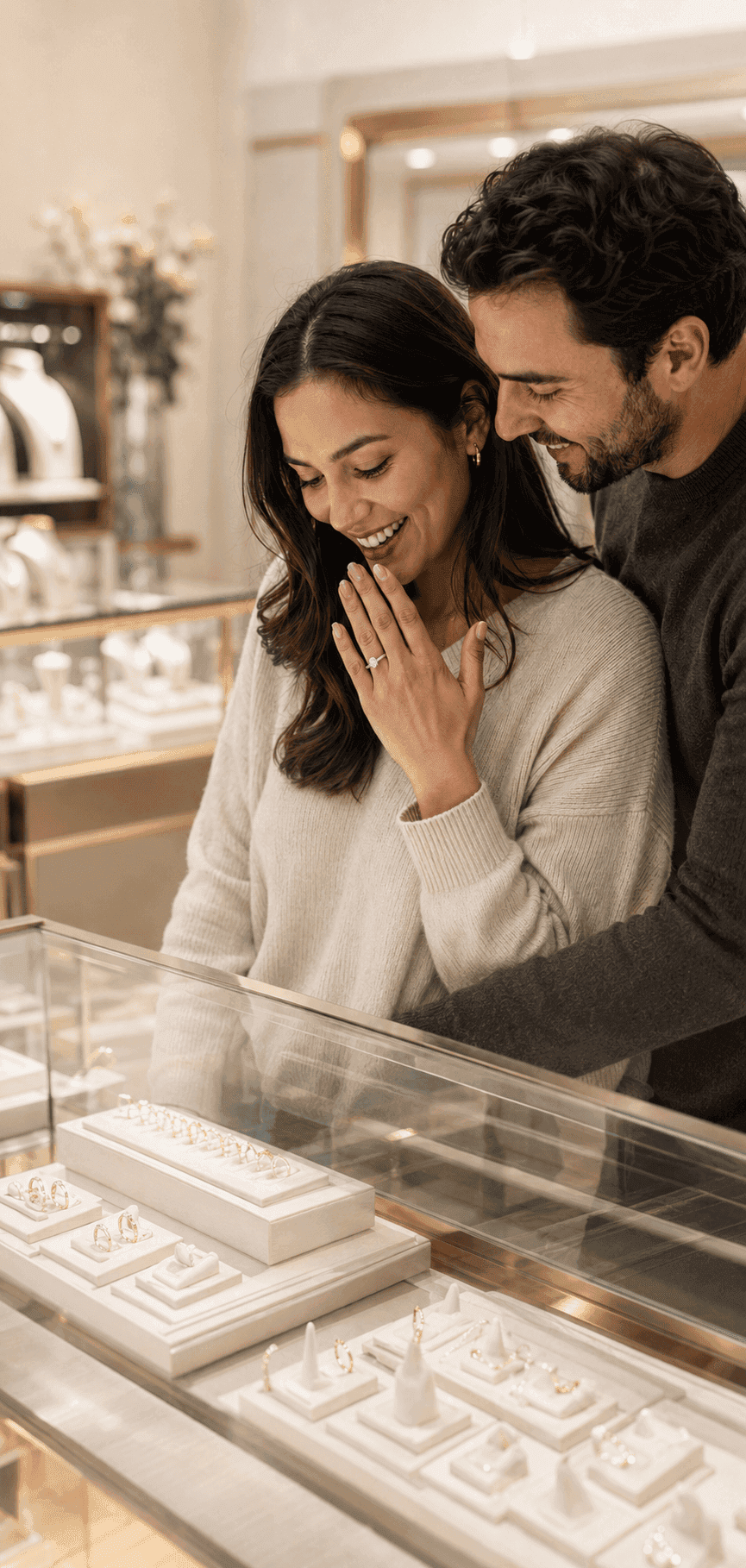 Couple looking at their engagement ring