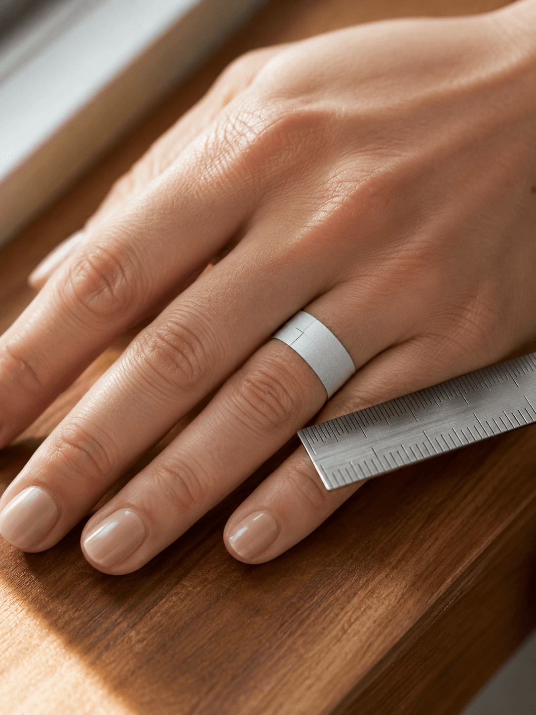 Woman's hand resting on wood surface wearing a wide polished silver band beside a metal ruler