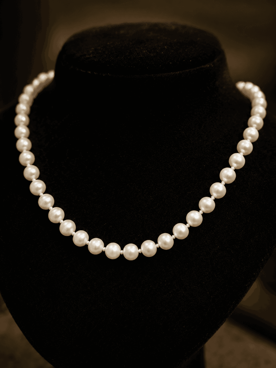 Creamy white pearl necklace draped in a gentle arc on a black velvet bust