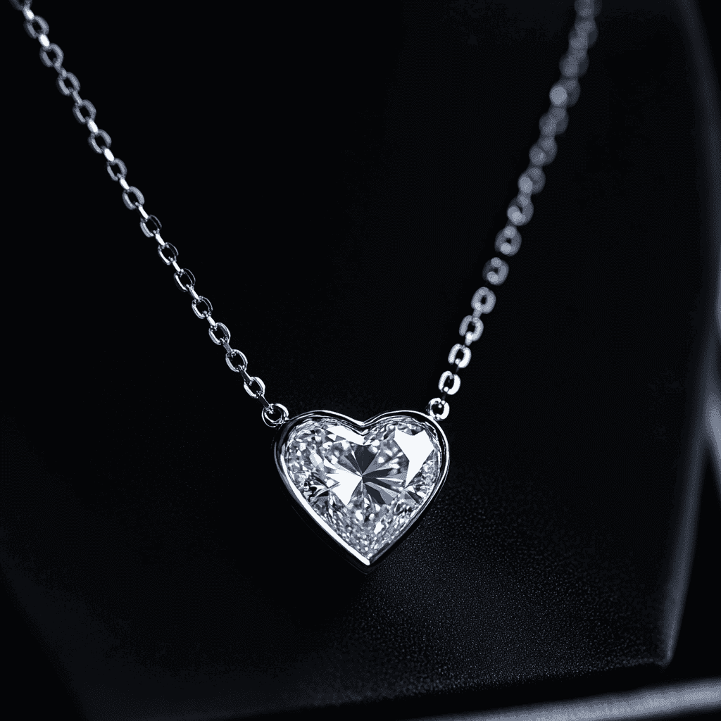Heart-cut diamond solitaire pendant, bezel setting, silver-tone chain, black velvet display stand.