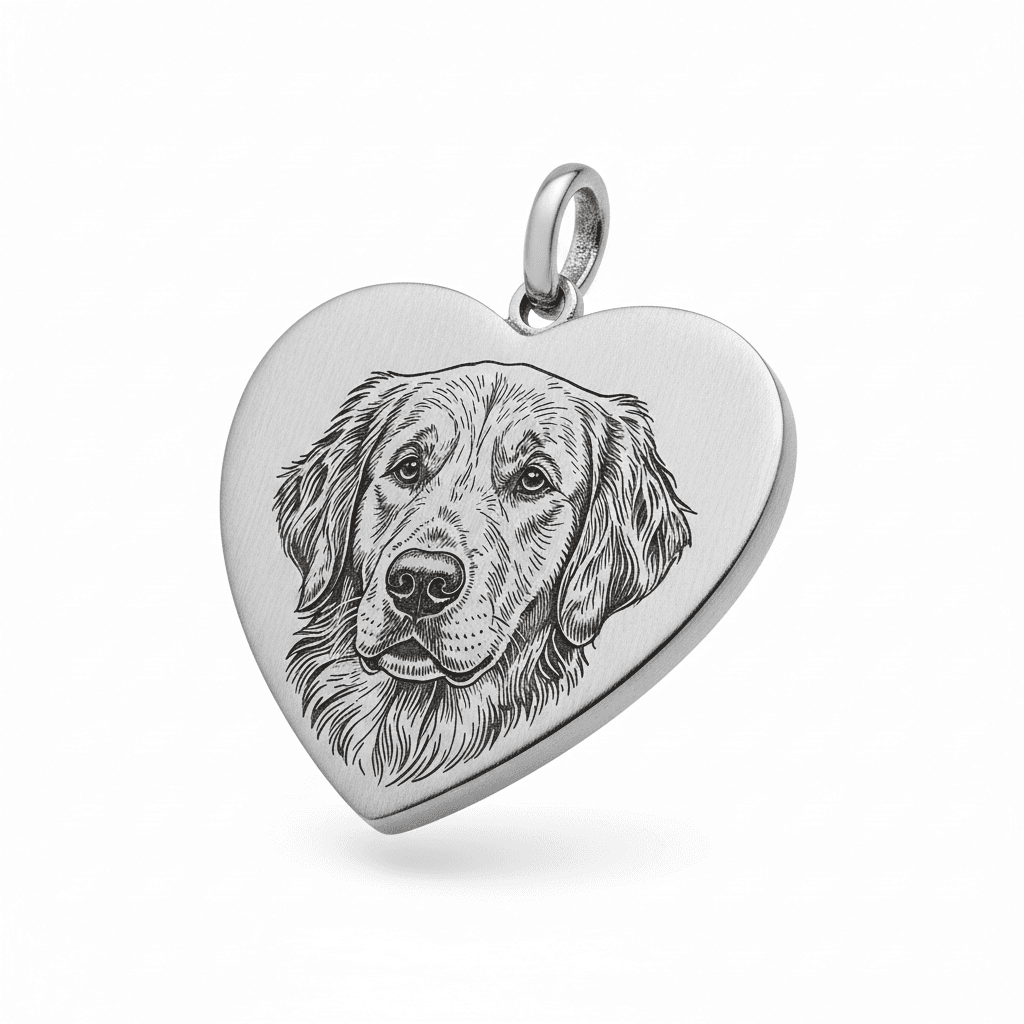 Silver heart pendant with engraved golden retriever portrait and bail loop