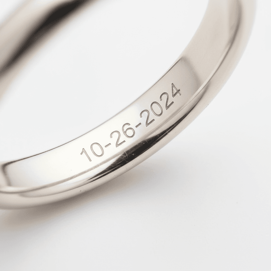Polished silver wedding band engraved with the date 10-26-2024 on its outer surface