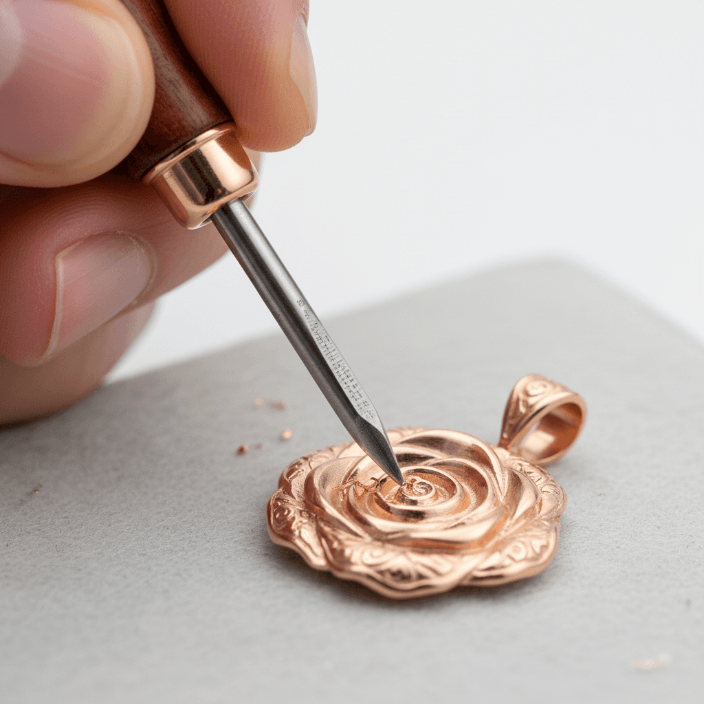 Jeweler engraving a rose gold pendant with a hand graver tool