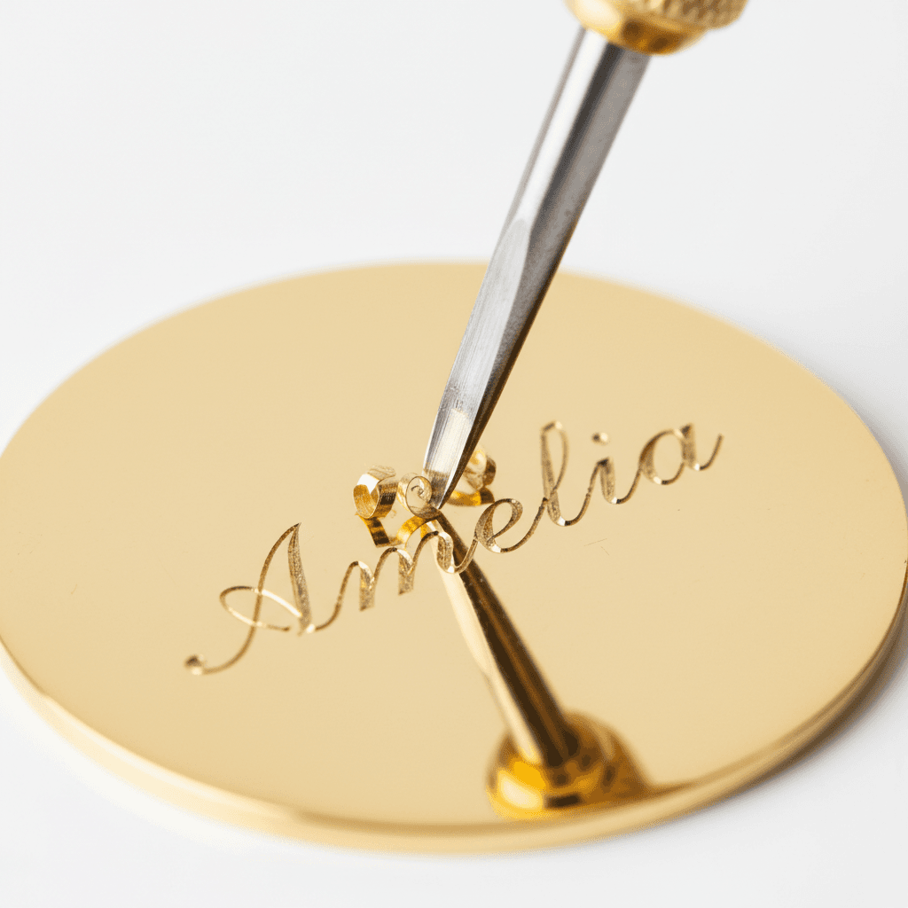 Engraving tool carving the name Amelia into a polished gold disc pendant