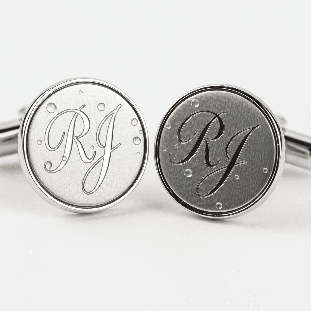 Pair of round silver cufflinks engraved with script initials RJ