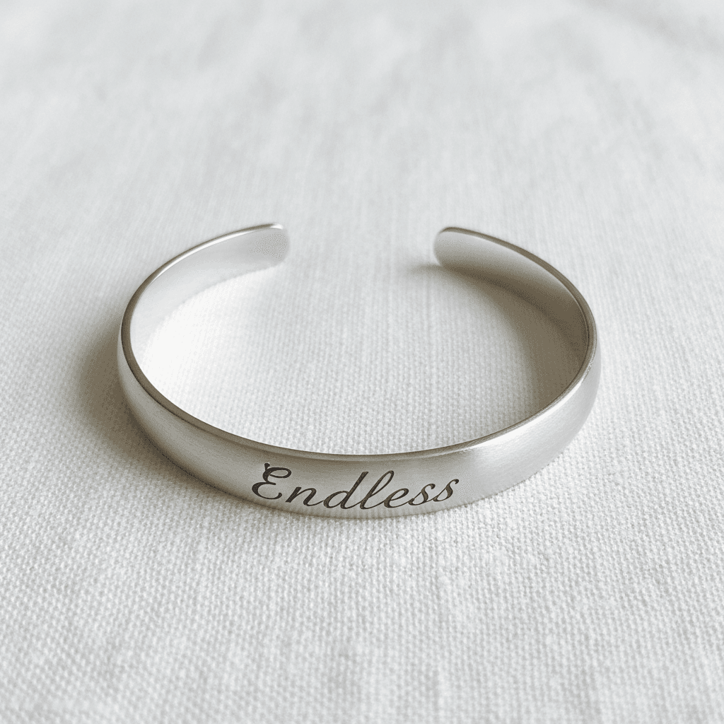 Brushed silver open cuff bracelet engraved with the word Endless in script