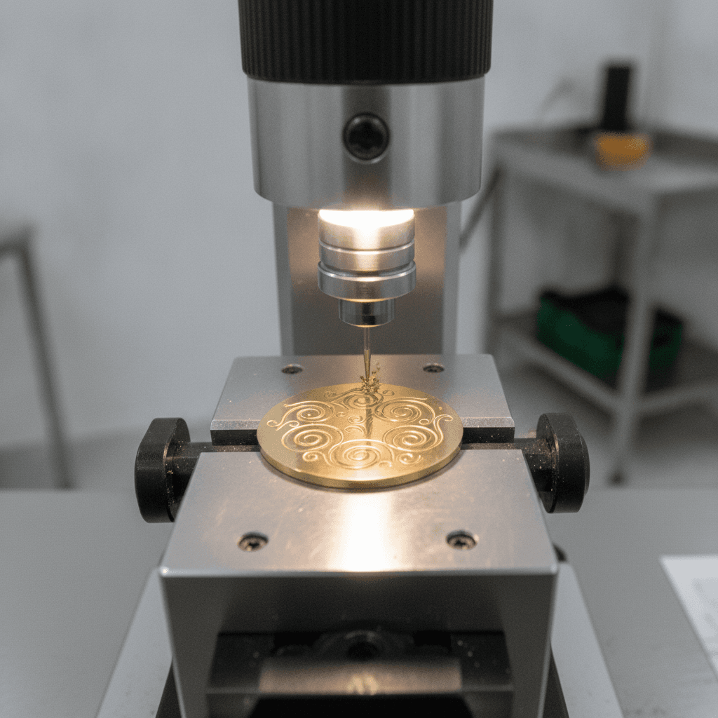 Engraving machine etching intricate swirl patterns onto a round gold disc