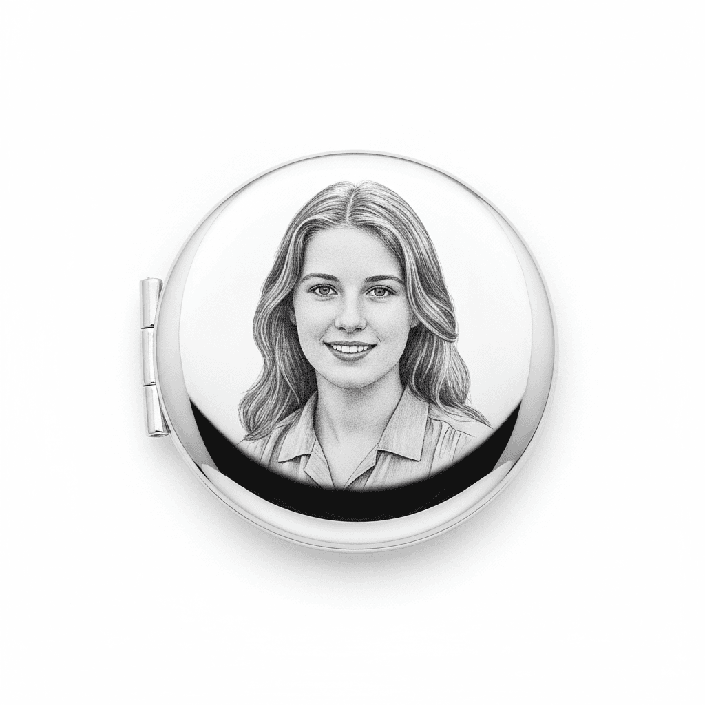 Round silver locket engraved with a pencil-sketch portrait of a smiling young woman