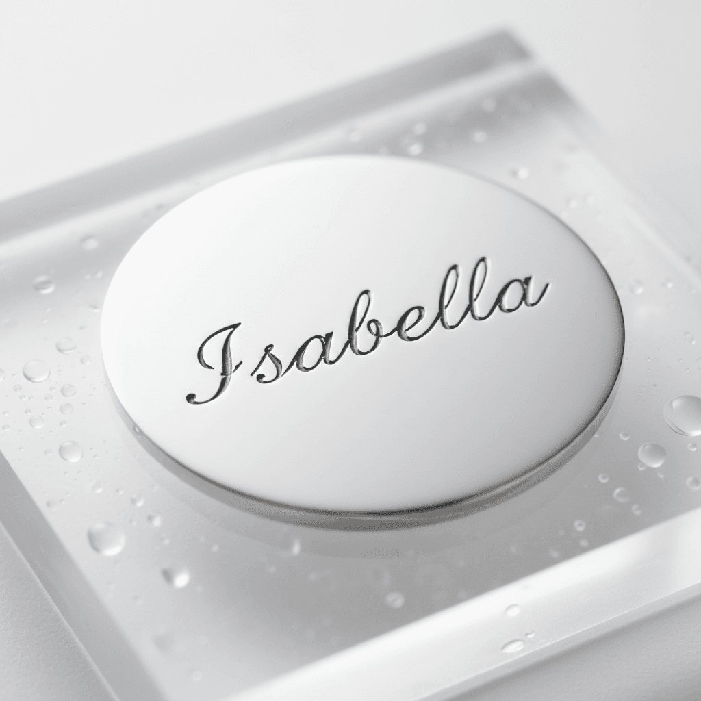 Polished silver oval disc engraved with the name Isabella in cursive script
