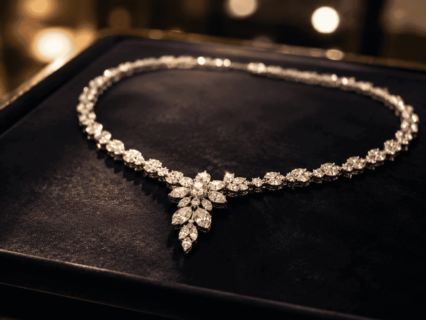 White gold diamond cluster pendant necklace, marquise and round stones, floral drop, black velvet display tray.