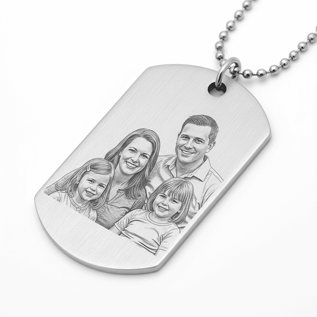 Stainless steel dog tag necklace engraved with a smiling family portrait of four