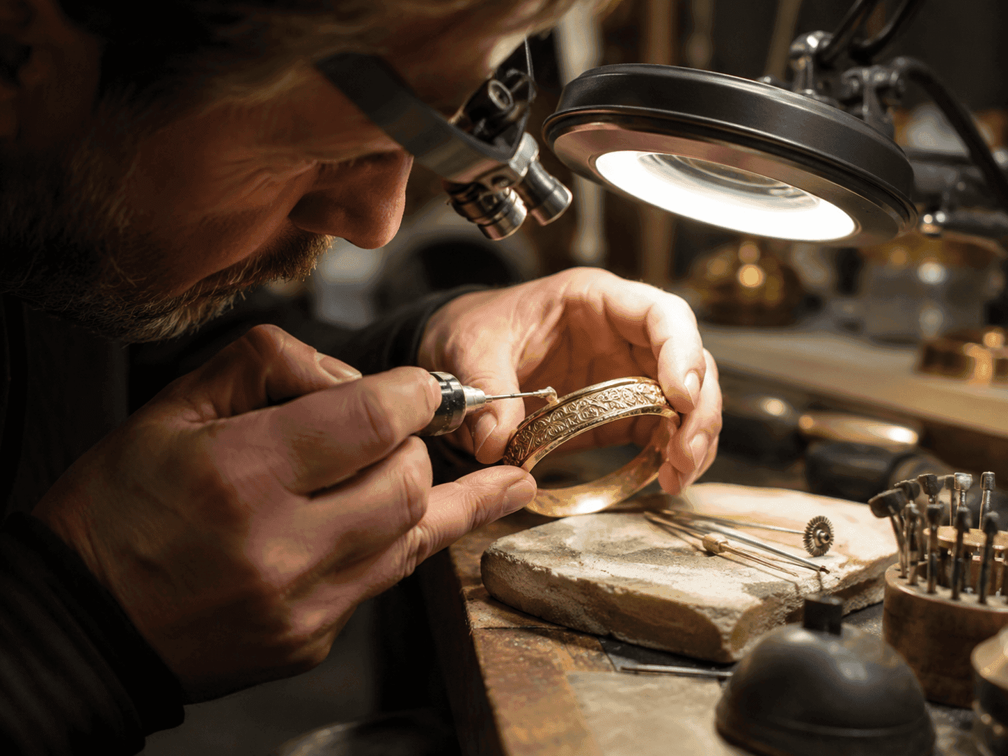 Jeweler engraving gold bangle bracelet with rotary tool under magnifying lamp in workshop.
