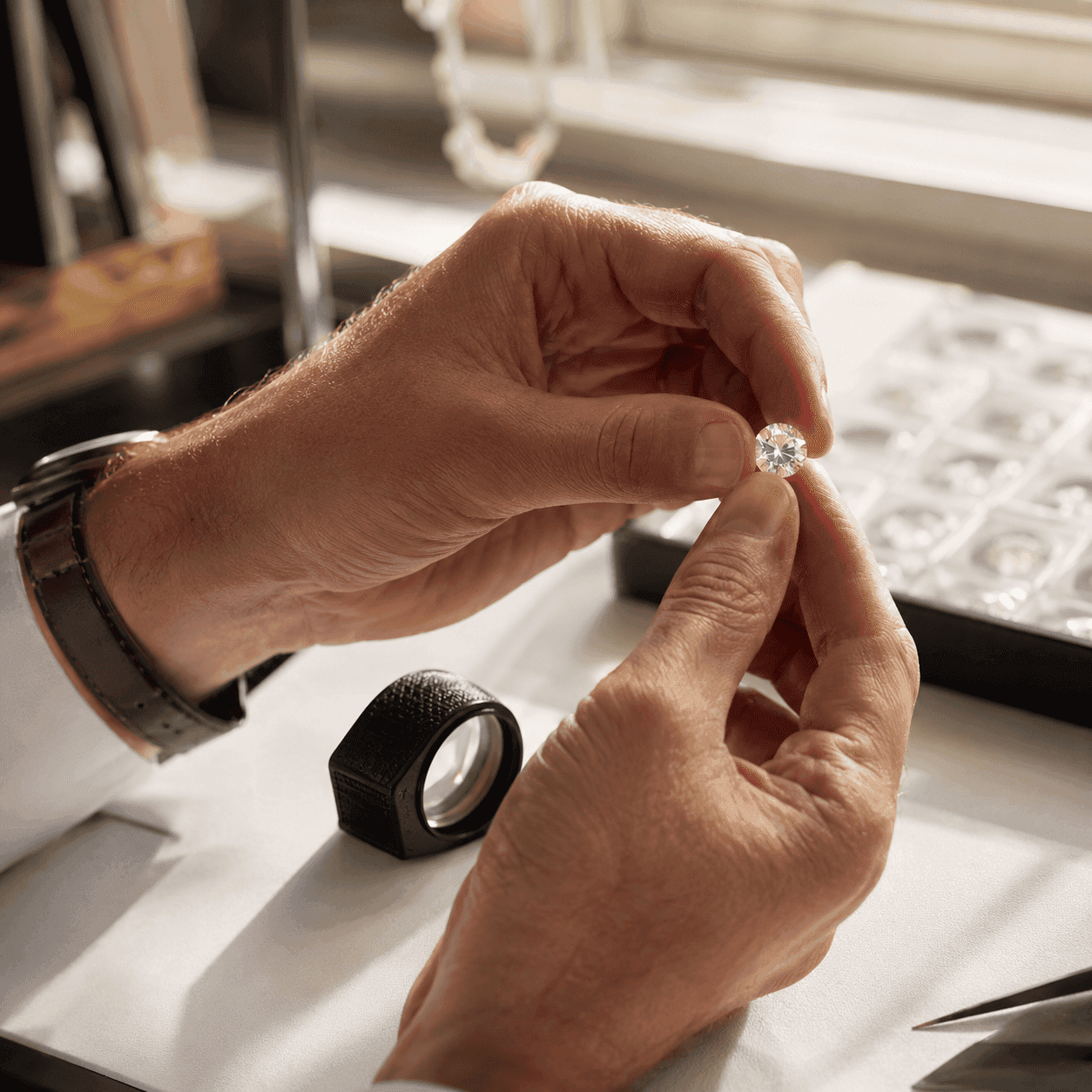 Jeweler's hands holding loose round brilliant-cut diamond over workbench with loupe and stone tray.