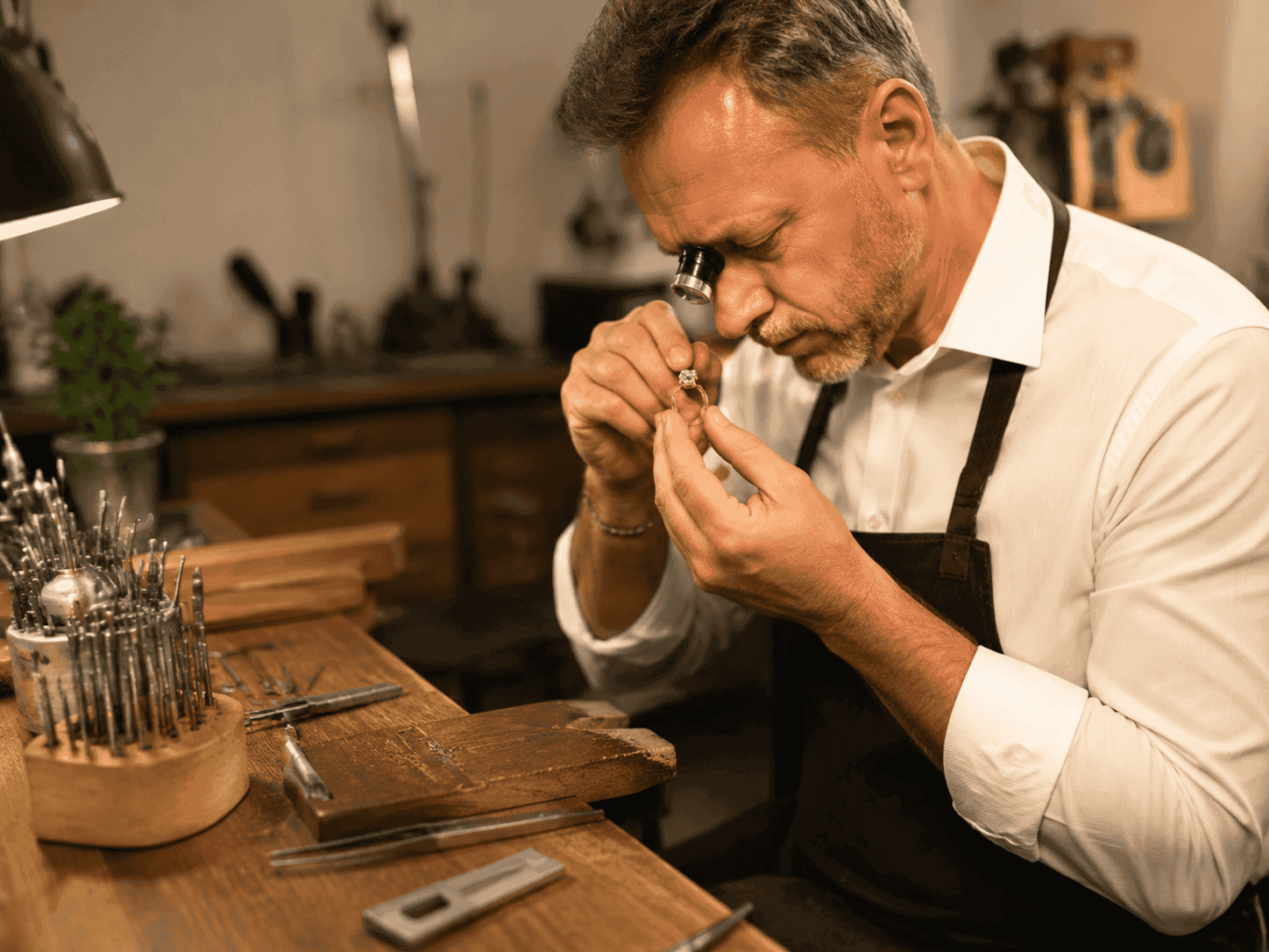 Male jeweler inspecting solitaire ring with loupe at wooden workbench in jewelry workshop.
