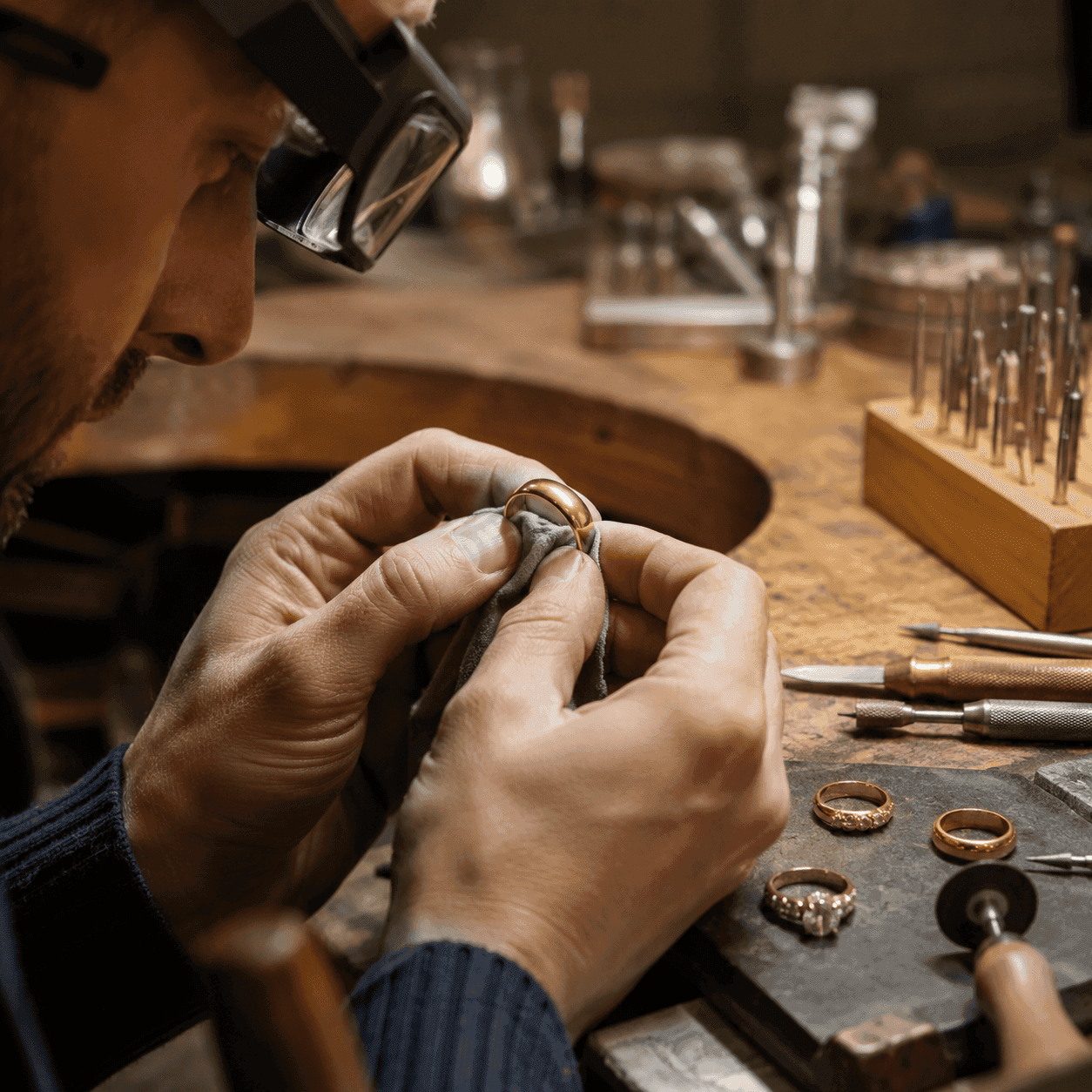 Jeweler polishing gold band ring with cloth, loupe, workbench tools, and multiple gold rings visible.