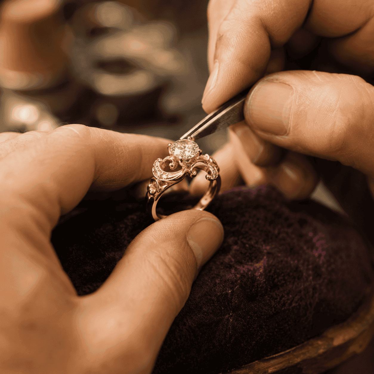 Rose gold filigree diamond solitaire ring being set by jeweler's tweezers over purple velvet sandbag.