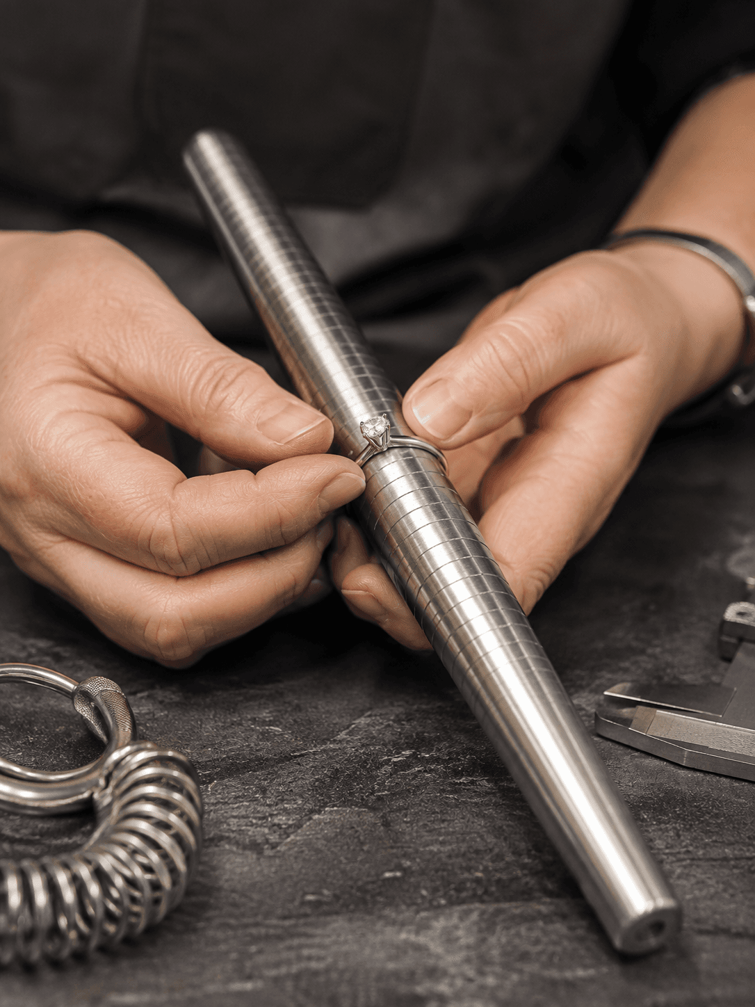 Jeweler sizing a diamond solitaire engagement ring on a steel ring mandrel