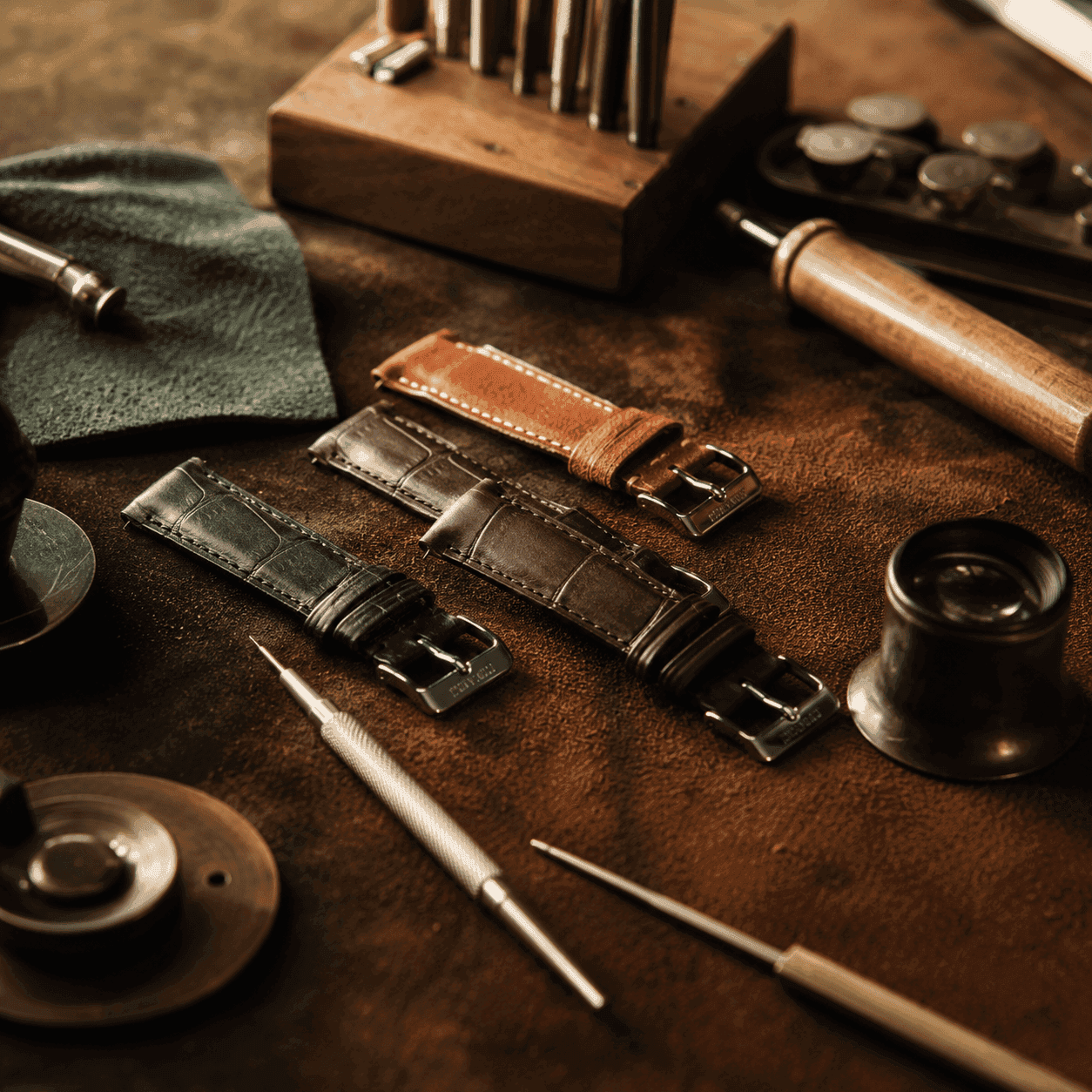 Three leather watch straps, black crocodile-embossed and tan distressed, on brown leather workbench with watchmaker tools.