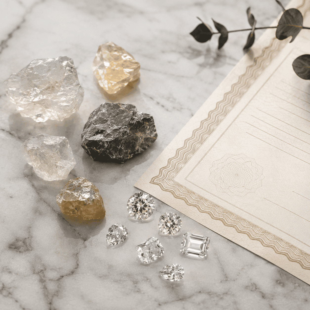Rough and cut loose diamonds various shapes on marble surface with gemological certificate and botanicals.