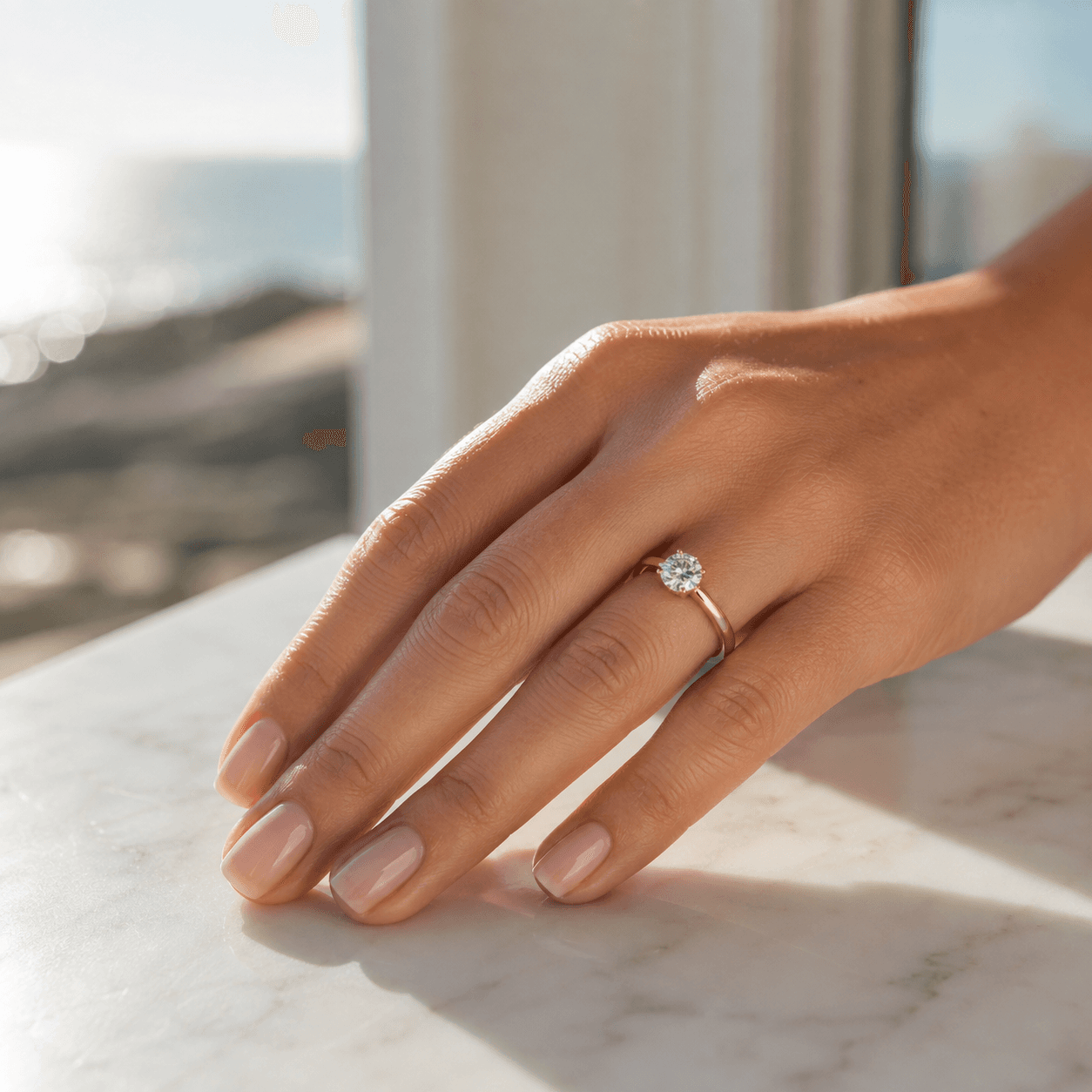 Woman's hand wearing a round brilliant solitaire engagement ring in yellow gold on marble