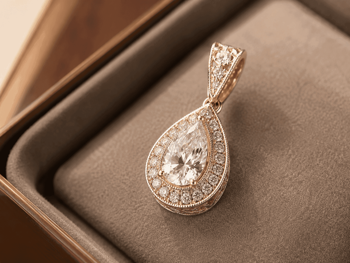 Rose gold pendant with pear-cut diamond halo resting in a velvet jewelry box