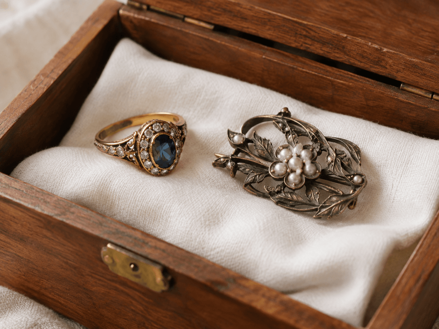 Antique sapphire gold ring and silver floral pearl brooch resting in open wooden jewelry box