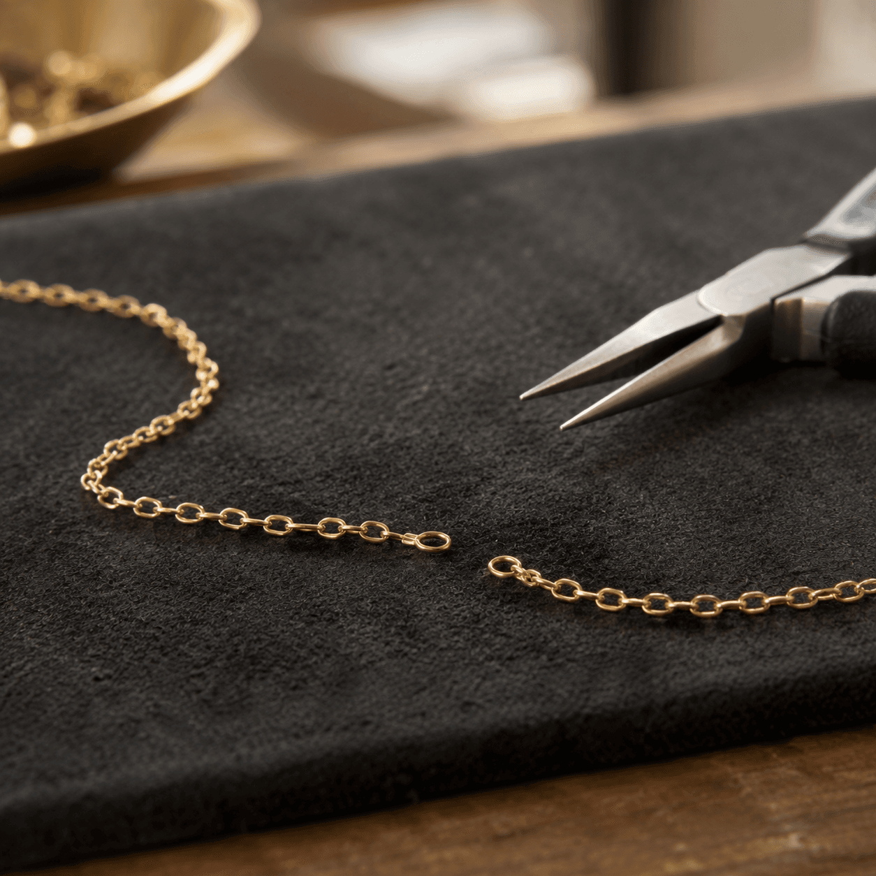 Delicate gold cable chain separated at a link beside fine-tipped jeweler's pliers on dark suede pad