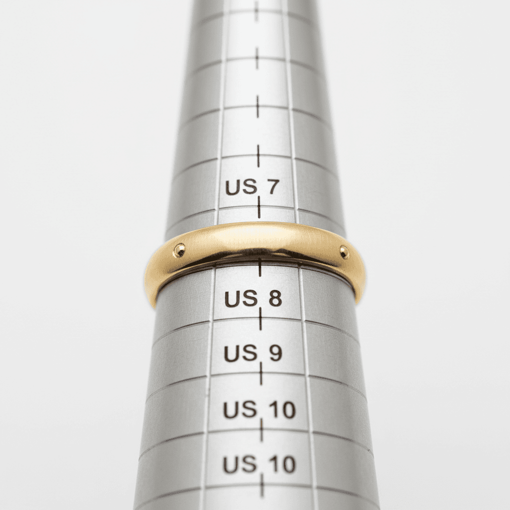 Gold band ring with small dot accents resting on a metal ring sizer at US size 8